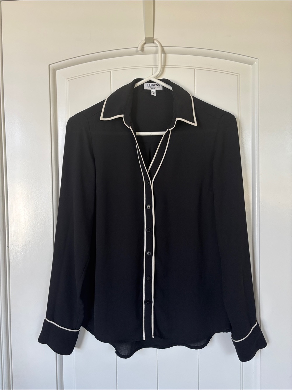 Express Black Button-Up Blouse with White Piping Trim